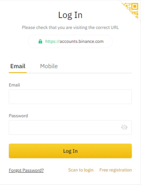 Login page for Binance.